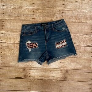 Distressed Judy Blue Shorts with Animal Print Patches - L